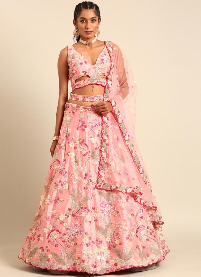 Organza Pink Sangeet Wear Embroidery Work Lehenga Choli